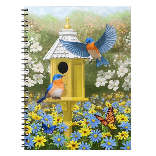 Bluebirds and Tall Yellow Birdhouse Notebook (Front)