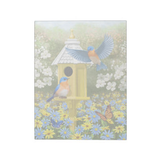 Bluebirds and Tall Yellow Birdhouse Notepad