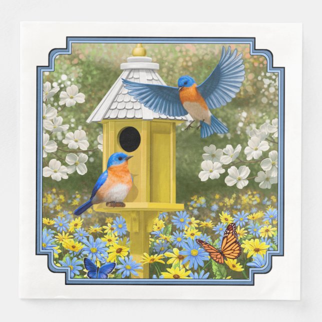 Bluebirds and Tall Yellow Birdhouse Paper Dinner Napkins (Front)