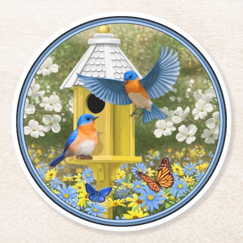 Bluebirds and Tall Yellow Birdhouse Round Paper Coaster