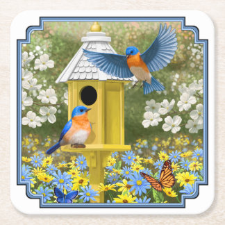 Bluebirds and Tall Yellow Birdhouse Square Paper Coaster