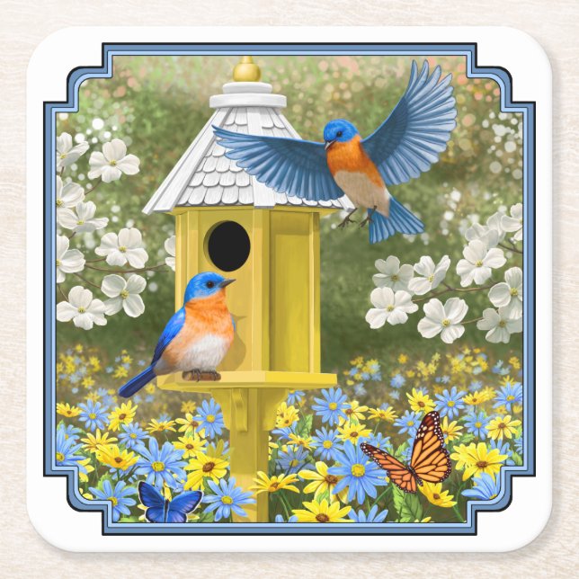 Bluebirds and Tall Yellow Birdhouse Square Paper Coaster (Front)