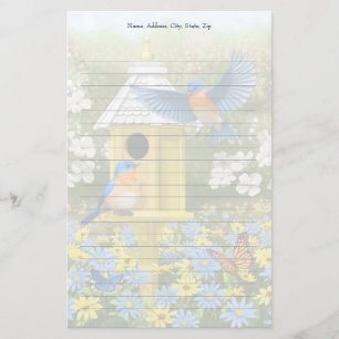 Bluebirds and Tall Yellow Birdhouse Stationery