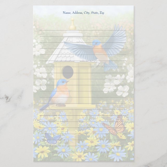 Bluebirds and Tall Yellow Birdhouse Stationery (Front)