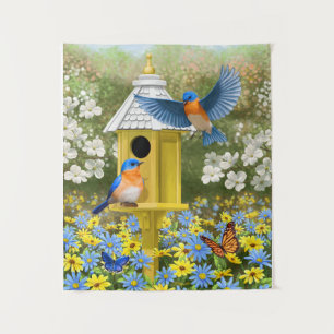Bluebirds and Tall Yellow Birdhouse Tapestry