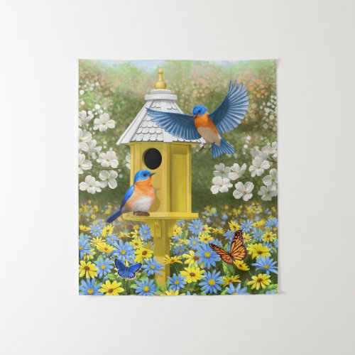 Bluebirds and Tall Yellow Birdhouse Tapestry