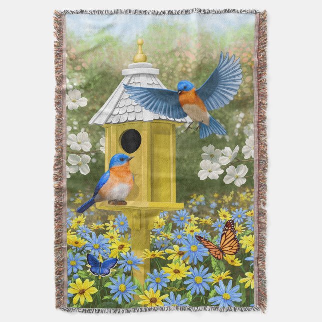 Bluebirds and Tall Yellow Birdhouse Throw Blanket (Front Vertical)