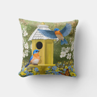 Bluebirds and Tall Yellow Birdhouse Throw Pillow