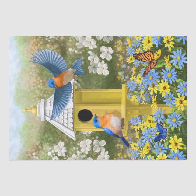 Bluebirds and Tall Yellow Birdhouse Tissue Paper (Front)