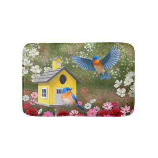 Bluebirds and Yellow School Birdhouse Bath Mat