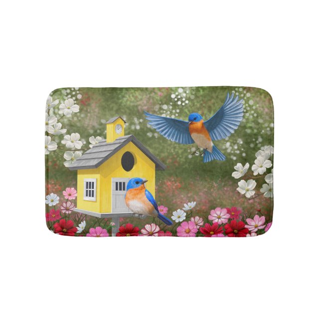 Bluebirds and Yellow School Birdhouse Bath Mat (Front)