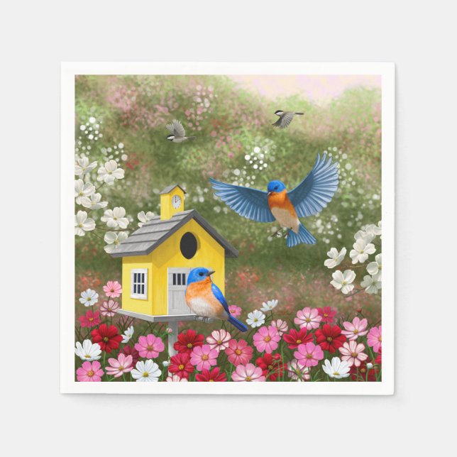 Bluebirds and Yellow School Birdhouse Paper Napkins (Front)