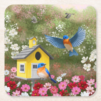 Bluebirds and Yellow School Birdhouse Square Paper Coaster