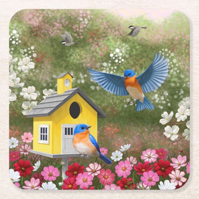 Bluebirds and Yellow School Birdhouse Square Paper Coaster (Front)