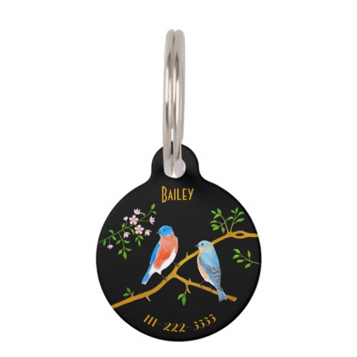 Bluebirds Black Round Pet Bed ID With Text Pet ID Tag