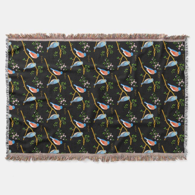Bluebirds Black Throw Blanket (Front)