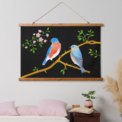 Bluebirds Black Wood Topped Wall Tapestries