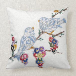 Bluebirds Embroidered by Alice Flynn Throw Pillow