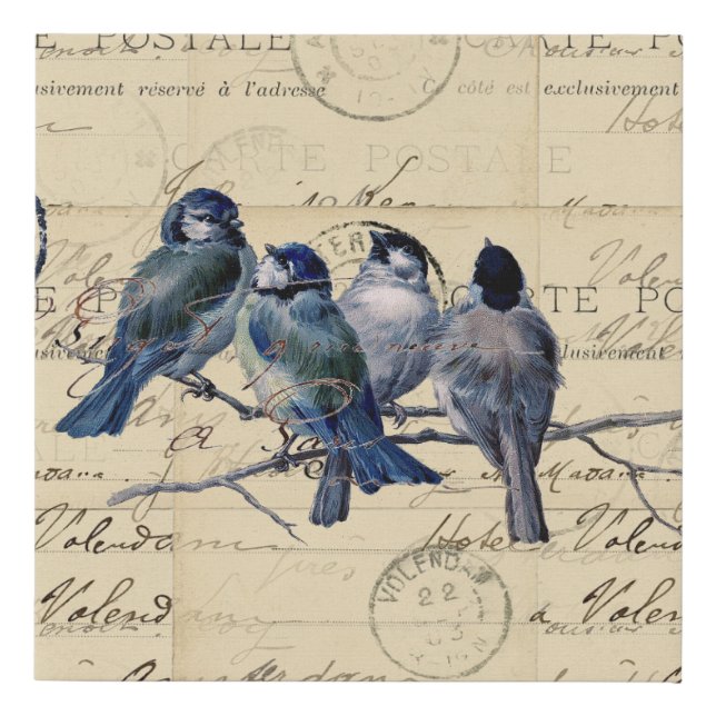 Bluebirds French Postcards Faux Canvas Print (Front)
