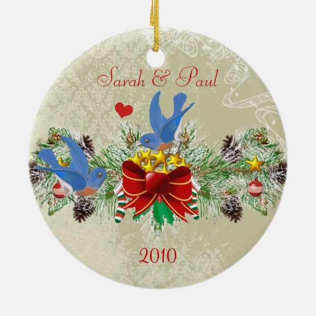 Bluebirds Garland Pinecones Christmas & Photo Ceramic Ornament (Back)