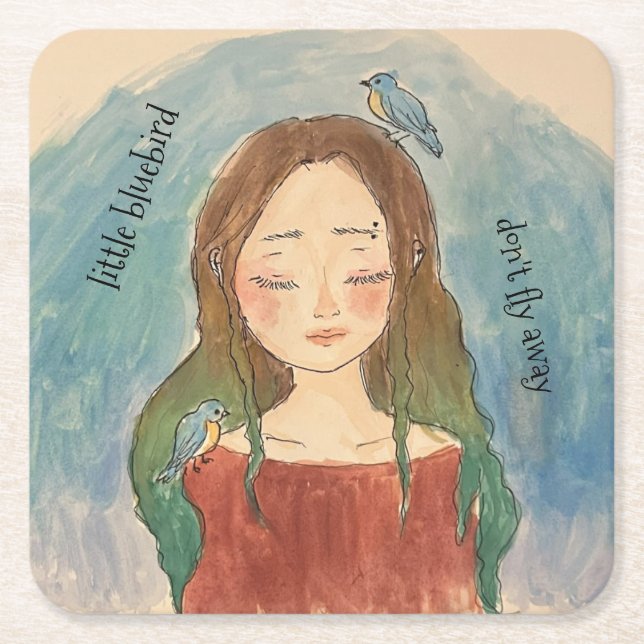 Bluebirds Girl Don't Fly Away Square Paper Coaster (Front)