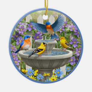 Bluebirds Goldfinches and Fountain Birdbath Ceramic Ornament