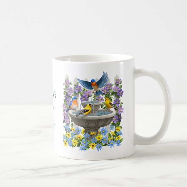 Bluebirds Goldfinches and Fountain Birdbath Coffee Mug (Right)