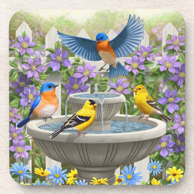 Bluebirds Goldfinches and Fountain Birdbath Drink Coaster (Front)