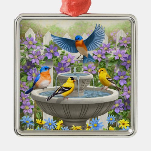 Bluebirds Goldfinches and Fountain Birdbath Metal Ornament
