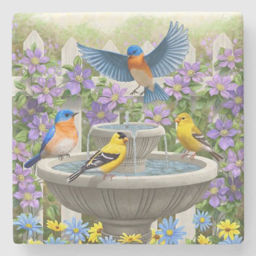 Bluebirds Goldfinches and Fountain Birdbath Stone Coaster