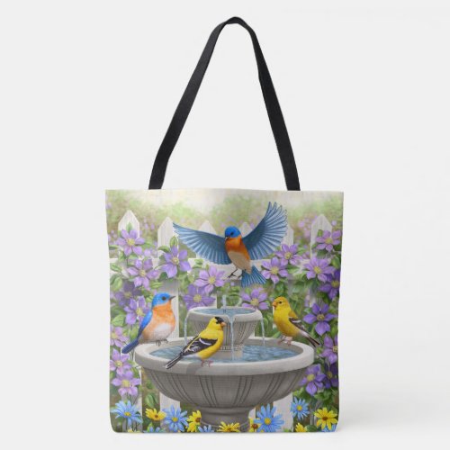 Bluebirds Goldfinches and Fountain Birdbath Tote Bag