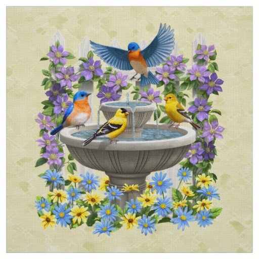 Bluebirds Goldfinches and Fountain Yellow Fabric