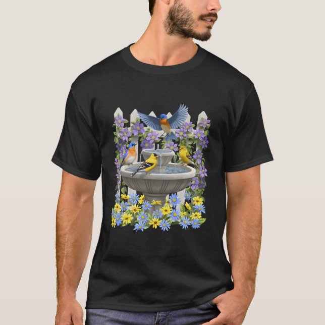 Bluebirds Goldfinches Bird Bath Flower Garden T-Shirt (Front)