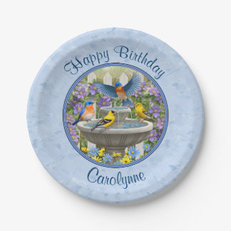 Bluebirds Goldfinches Birdbath Blue Paper Plates