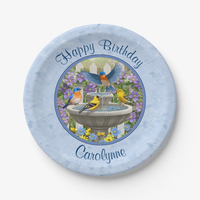 Bluebirds Goldfinches Birdbath Blue Paper Plates (Front)