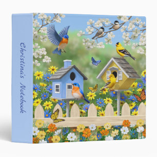 Bluebirds Goldfinches Birdhouses Flower Garden 3 Ring Binder