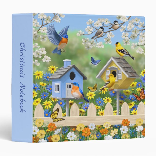 Bluebirds Goldfinches Birdhouses Flower Garden 3 Ring Binder (Front/Spine)