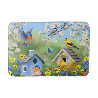Bluebirds Goldfinches Birdhouses Flower Garden Bath Mat