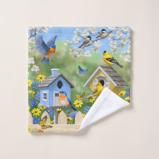 Bluebirds Goldfinches Birdhouses Flower Garden Bath Towel Set