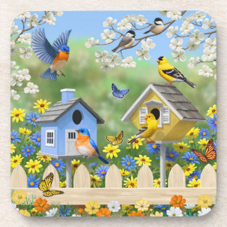 Bluebirds Goldfinches Birdhouses Flower Garden Beverage Coaster