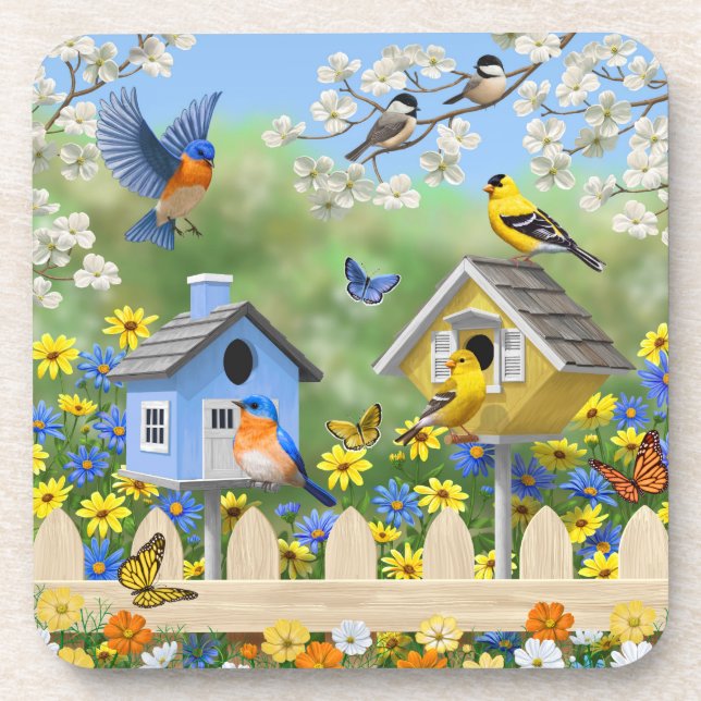 Bluebirds Goldfinches Birdhouses Flower Garden Beverage Coaster (Front)