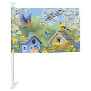 Bluebirds Goldfinches Birdhouses Flower Garden Car Flag