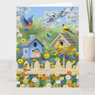 Bluebirds Goldfinches Birdhouses Flower Garden Card