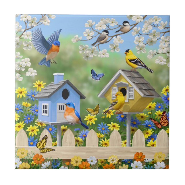 Bluebirds Goldfinches Birdhouses Flower Garden Ceramic Tile (Front)