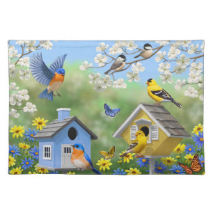 Bluebirds Goldfinches Birdhouses Flower Garden Cloth Placemat