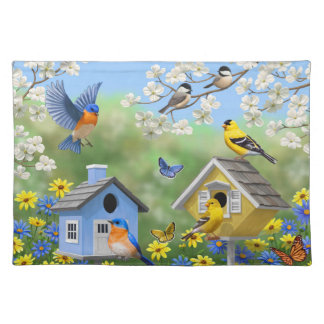 Bluebirds Goldfinches Birdhouses Flower Garden Cloth Placemat