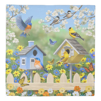 Bluebirds Goldfinches Birdhouses Flower Garden Duvet Cover