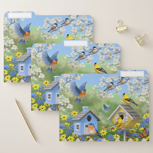 Bluebirds Goldfinches Birdhouses Flower Garden File Folder (Set)