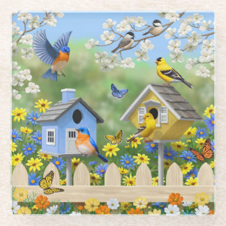 Bluebirds Goldfinches Birdhouses Flower Garden Glass Coaster