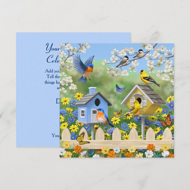 Bluebirds Goldfinches Birdhouses Flower Garden Invitation (Front/Back)